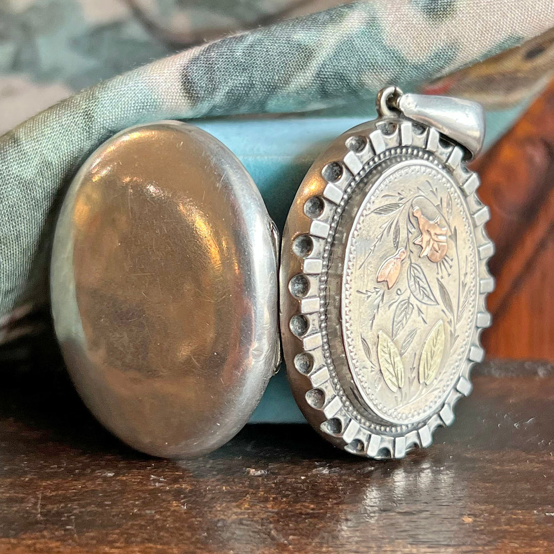 Antique Victorian Locket Silver and Gold-Embellished Floral c. 1880