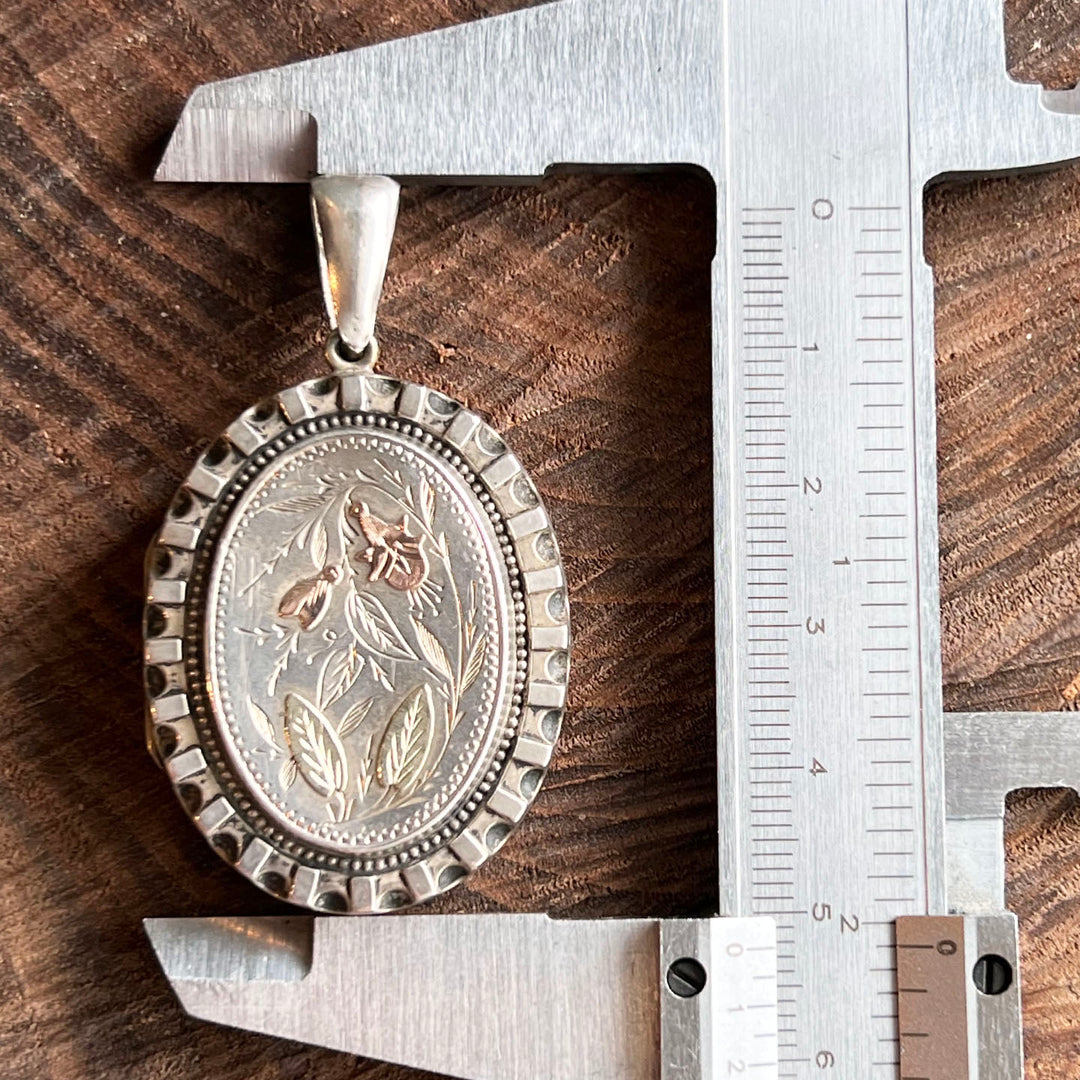 Antique Victorian Locket Silver and Gold-Embellished Floral c. 1880