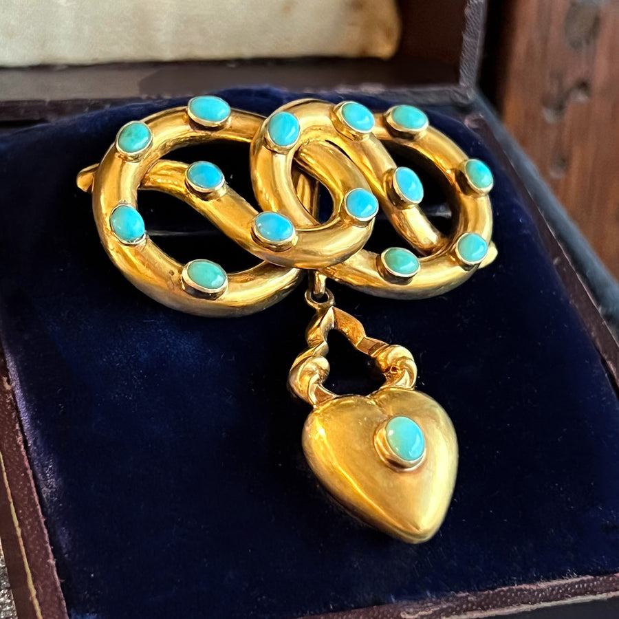Antique Victorian Love Knot Brooch 18k Gold Turquoise Heart Memorial Locket c. 1850