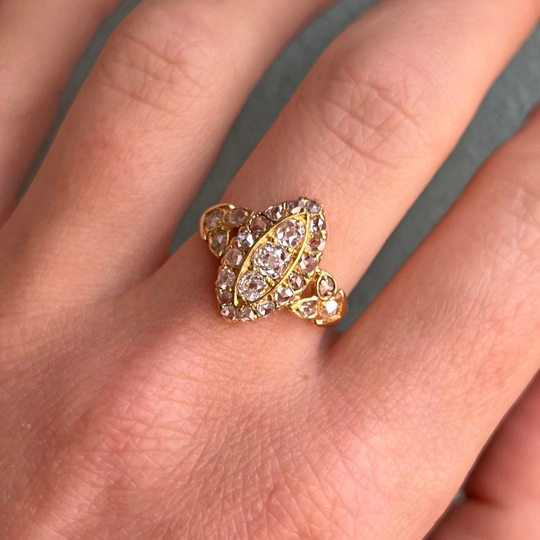 Antique Victorian Navette Diamond Ring in 18 Karat Gold c.1880