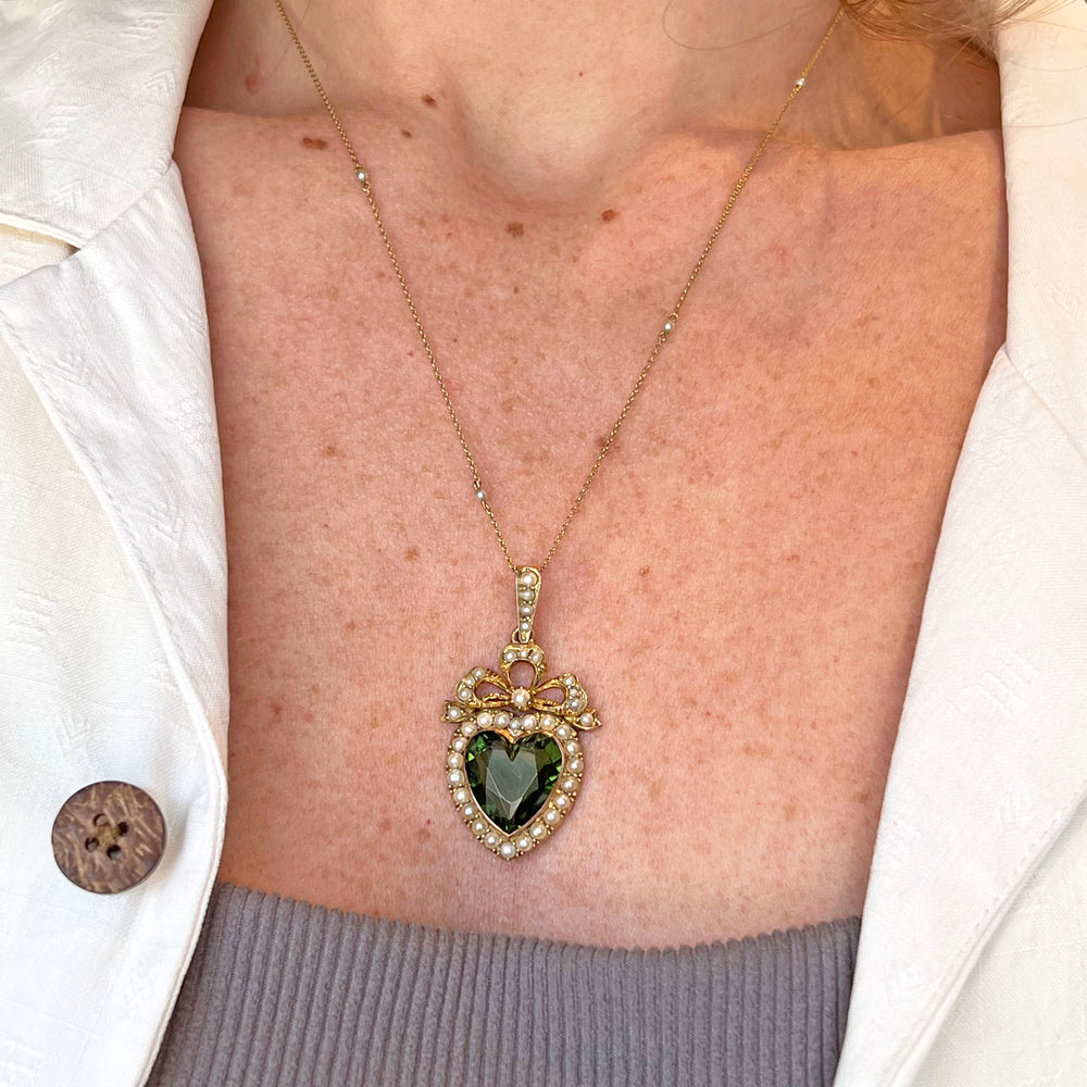 Antique Victorian Necklace Green Tourmaline & Pearl Heart Gold Pendant, c. 1890