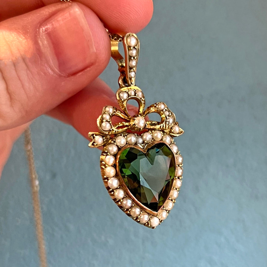 Antique Victorian Necklace Green Tourmaline & Pearl Heart Gold Pendant, c. 1890