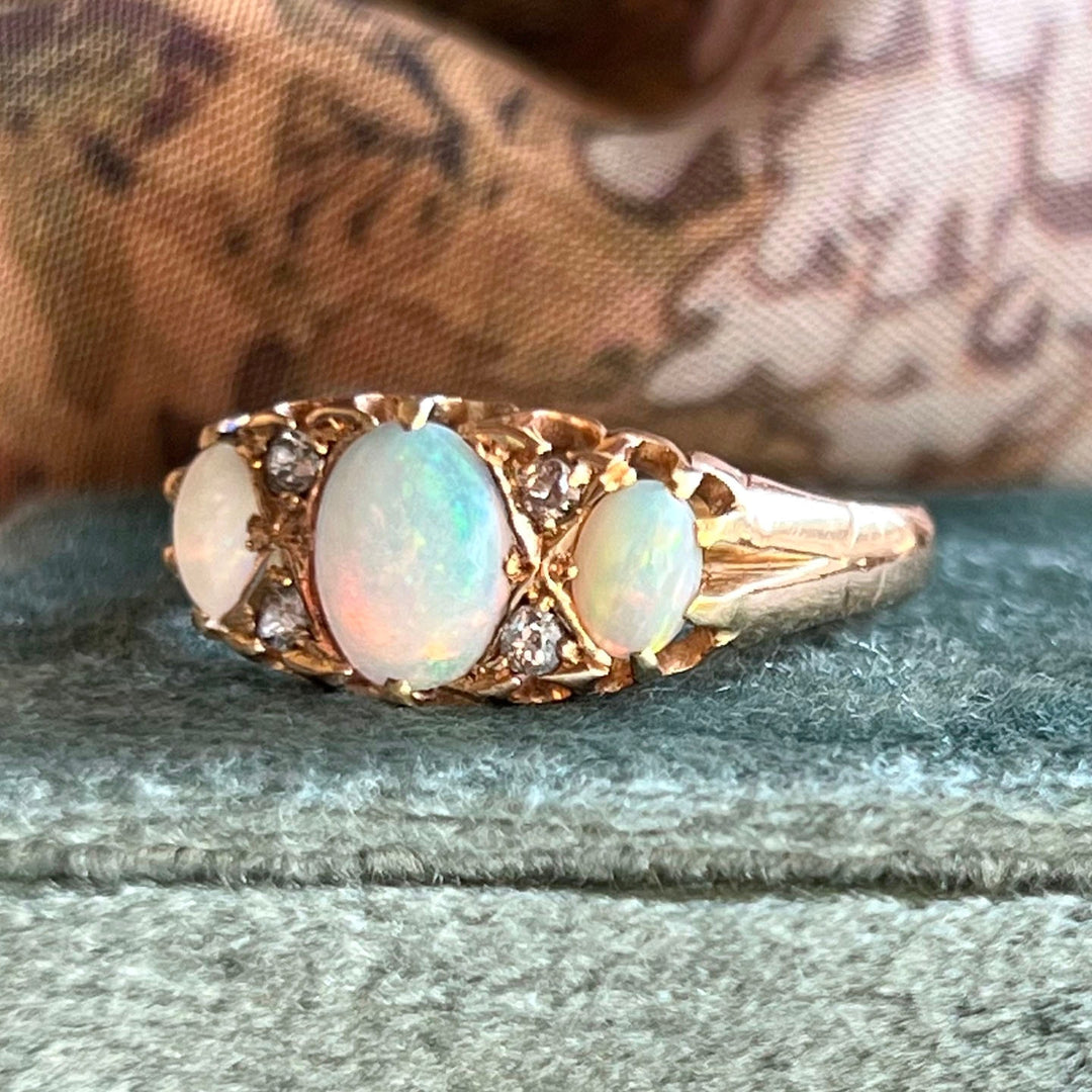 Side view antique opal diamond ring 18k gold band