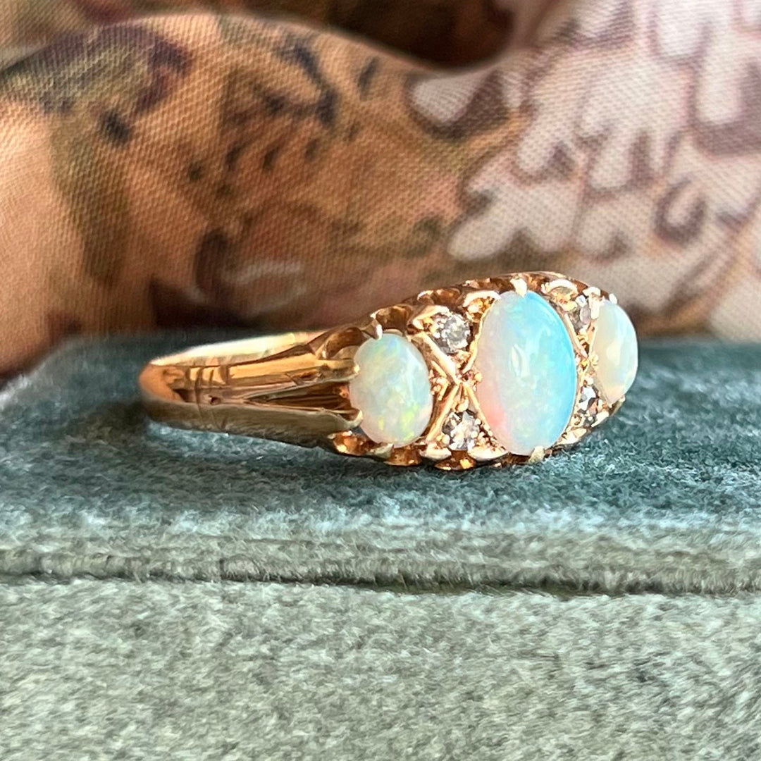 Side view antique opal diamond ring 18k gold band
