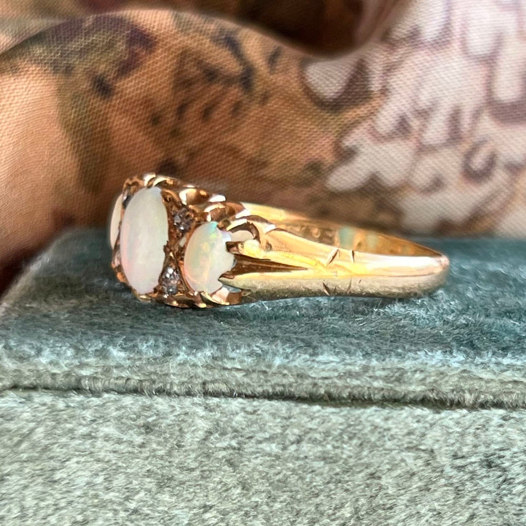 Side view antique opal diamond ring 18k gold band