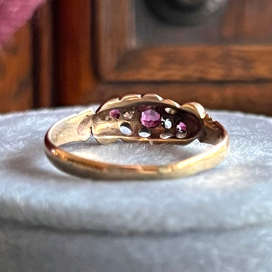 Antique Victorian Ruby Diamond Five Stone Ring in Gold, Chester 1900
