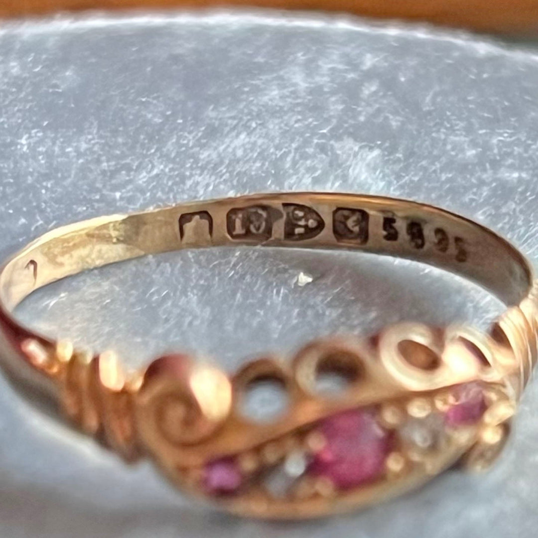 Antique Victorian Ruby Diamond Five Stone Ring in Gold, Chester 1900