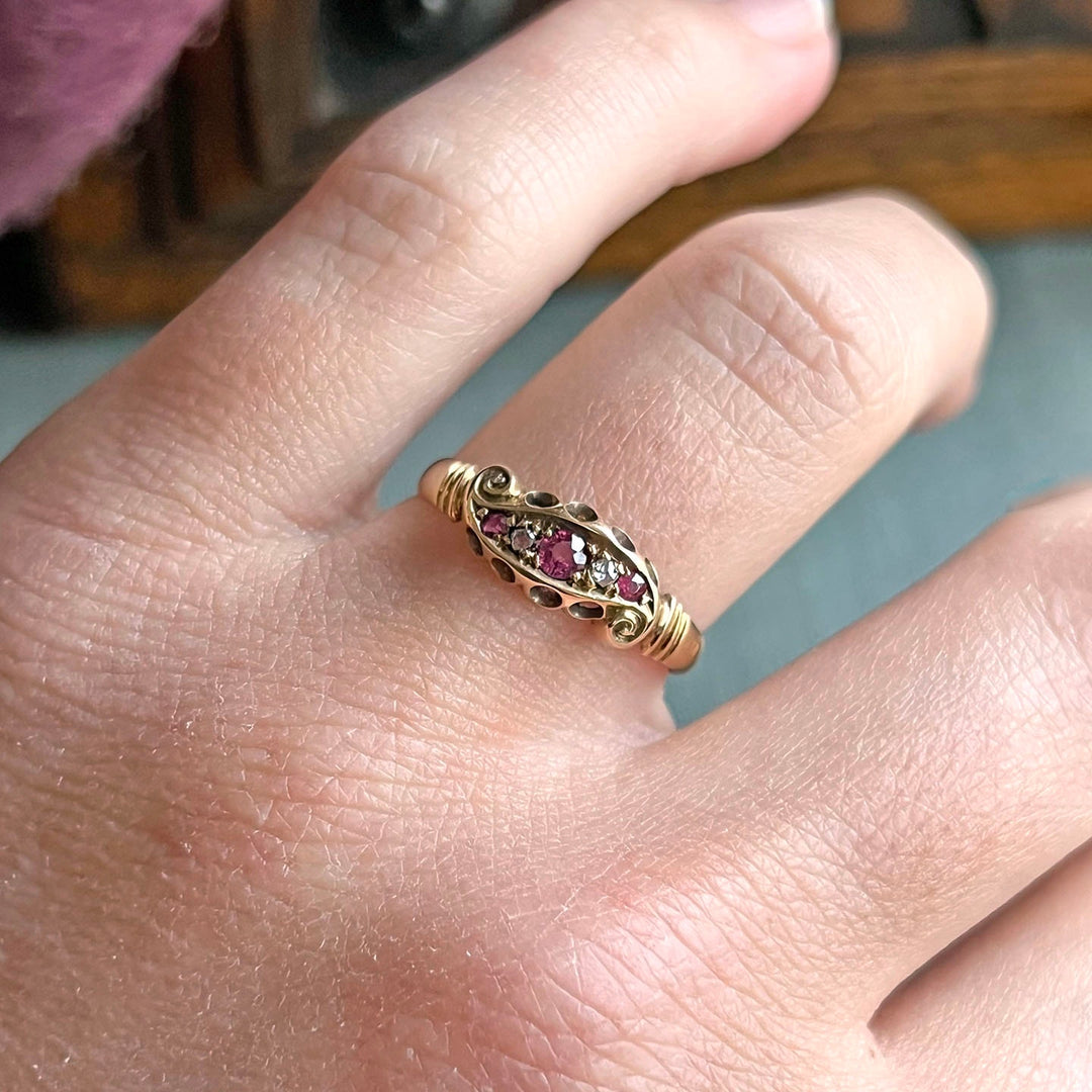 Antique Victorian Ruby Diamond Five Stone Ring in Gold, Chester 1900