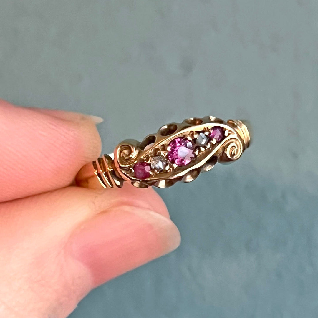 Antique Victorian Ruby Diamond Five Stone Ring in Gold, Chester 1900