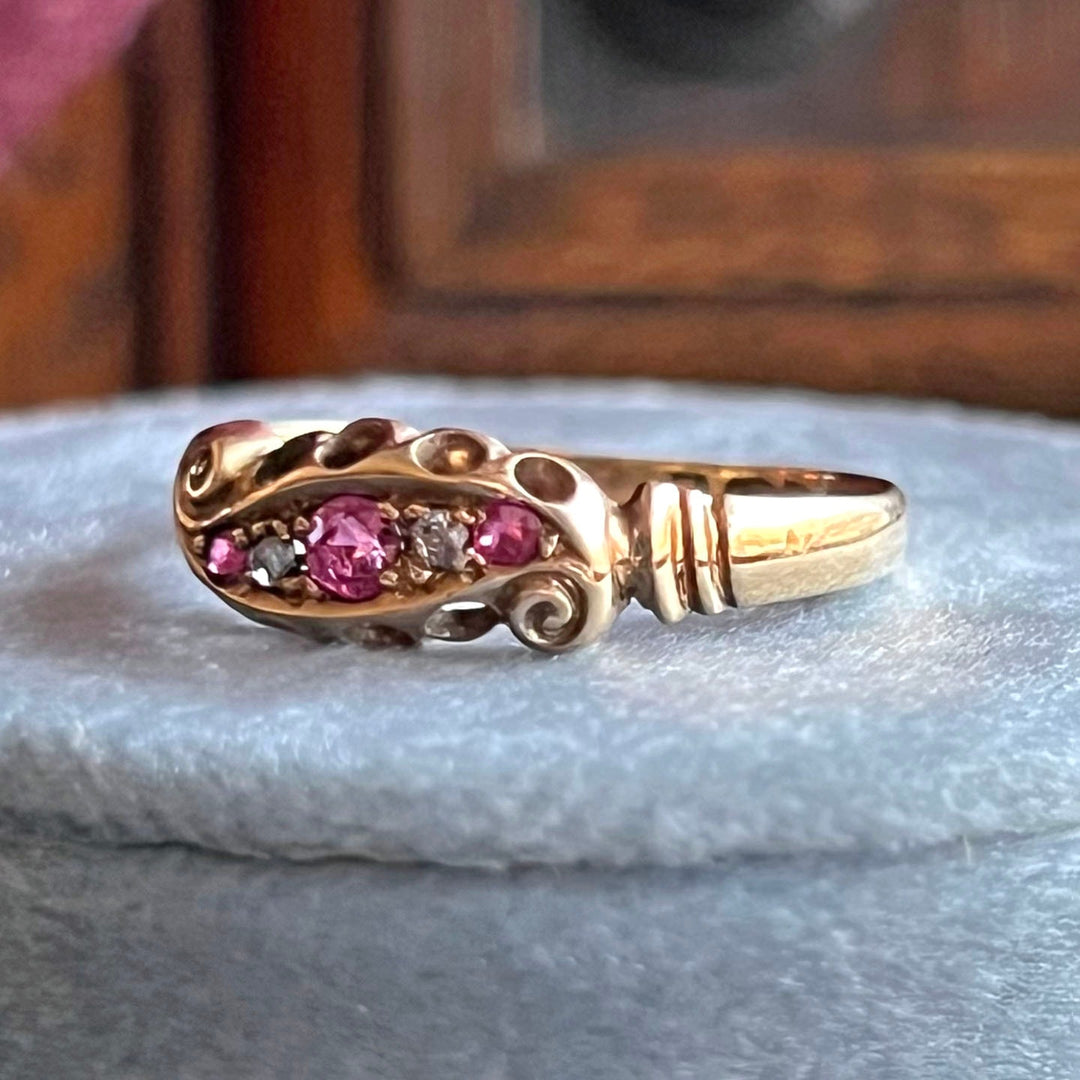 Antique Victorian Ruby Diamond Five Stone Ring in Gold, Chester 1900
