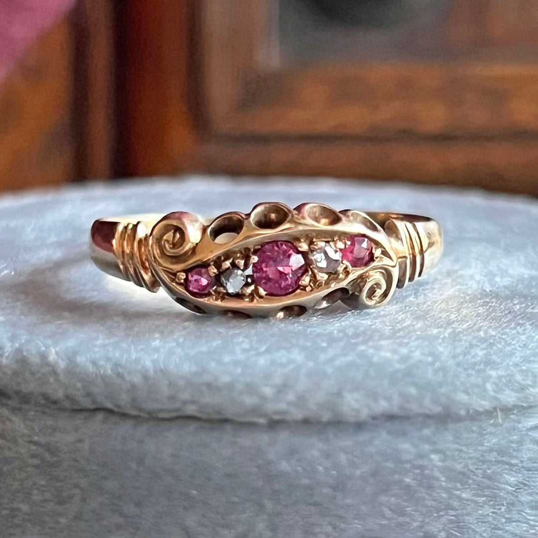 Antique Victorian Ruby Diamond Five Stone Ring in Gold, Chester 1900