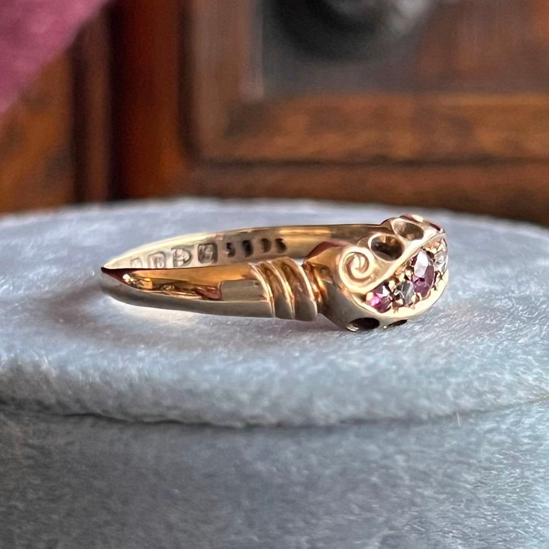 Antique Victorian Ruby Diamond Five Stone Ring in Gold, Chester 1900