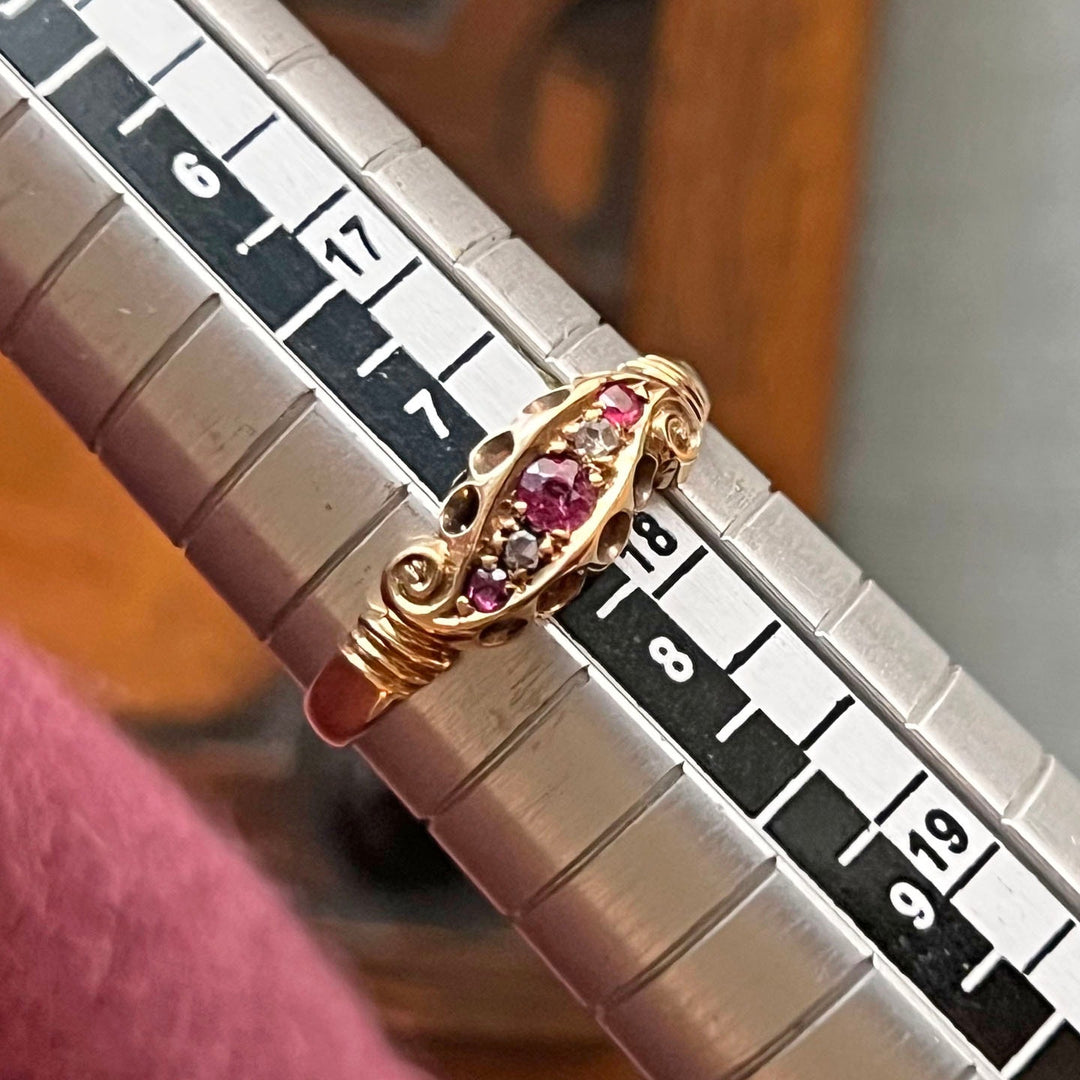 Antique Victorian Ruby Diamond Five Stone Ring in Gold, Chester 1900