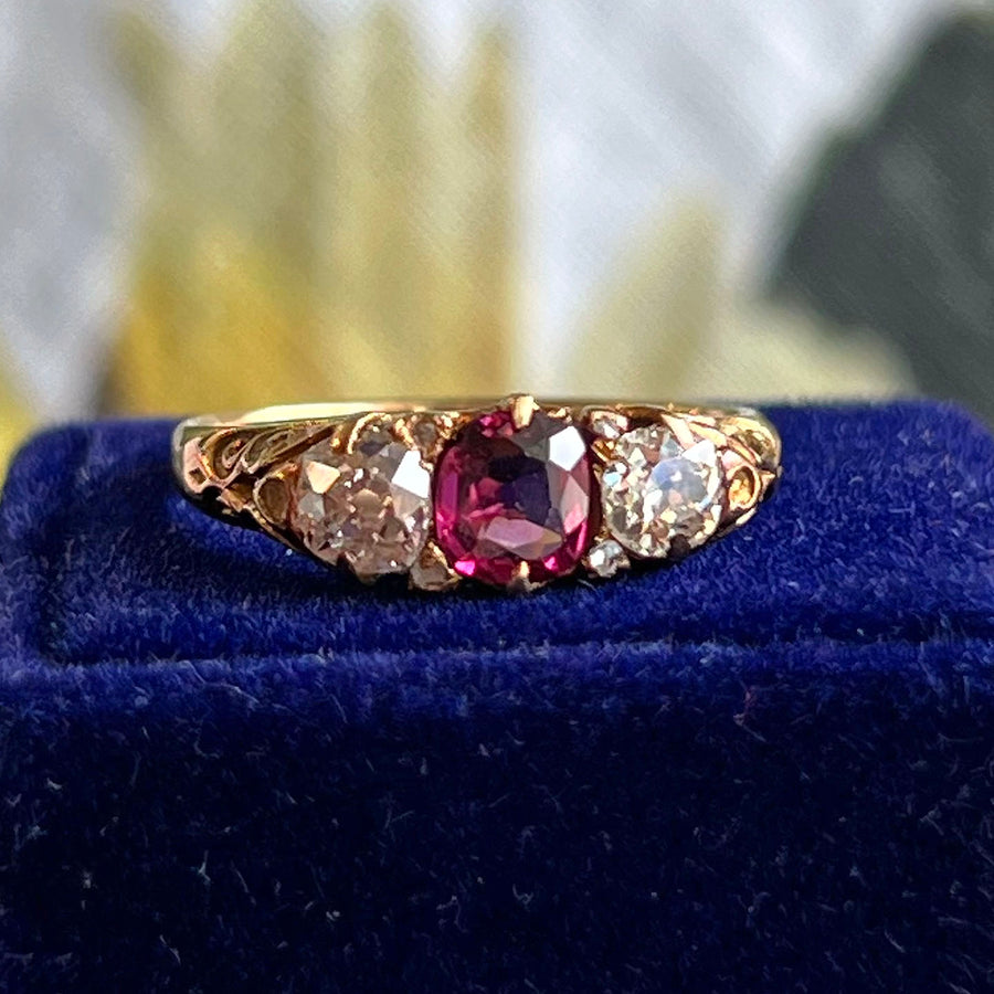 Antique Victorian Ruby Diamond Gold Ring, 15k c. 1890