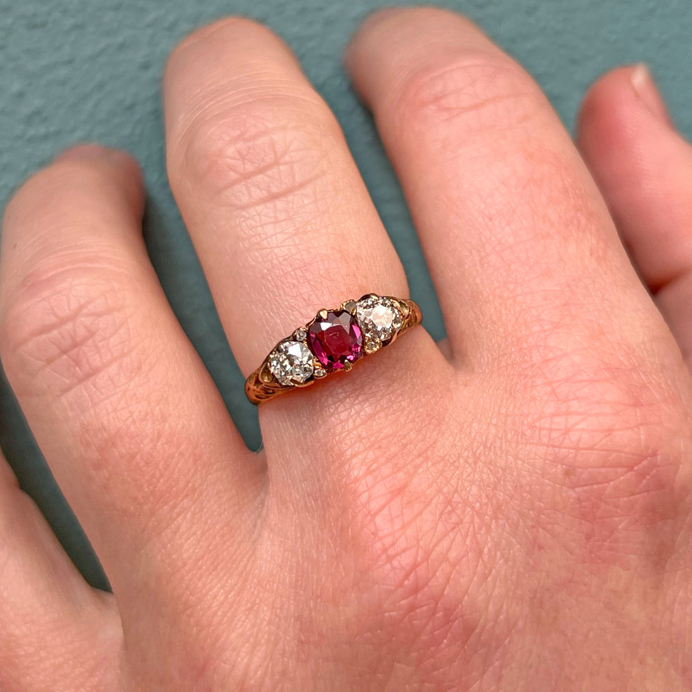Antique Victorian Ruby Diamond Gold Ring, 15k c. 1890