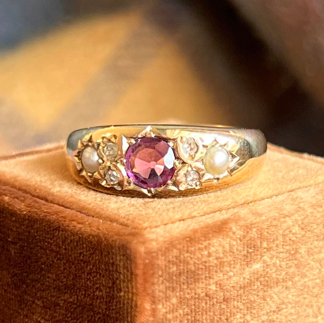 Antique Victorian Ruby Diamond Pearl Ring 18k Gold Birmingham c.1900