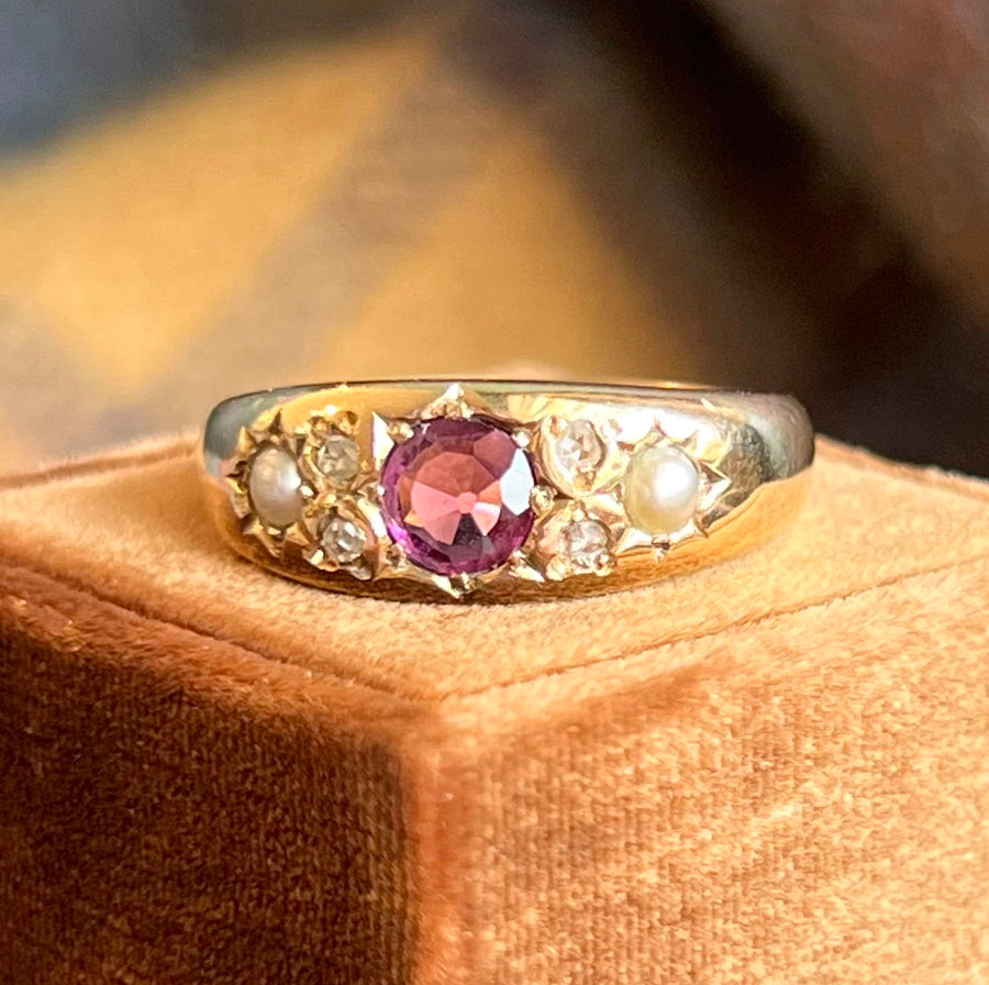 Antique Victorian Ruby Diamond Pearl Ring 18k Gold Birmingham c.1900