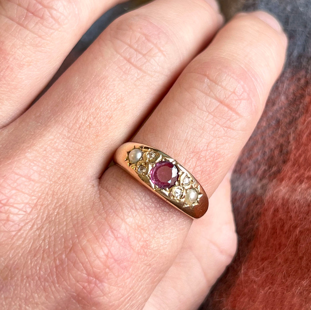 Antique Victorian Ruby Diamond Pearl Ring 18k Gold Birmingham c.1900