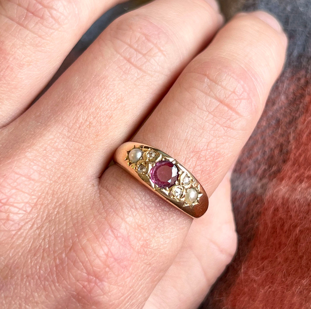 Antique Victorian Ruby Diamond Pearl Ring 18k Gold Birmingham c.1900