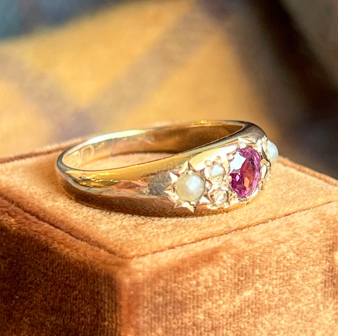 Antique Victorian Ruby Diamond Pearl Ring 18k Gold Birmingham c.1900
