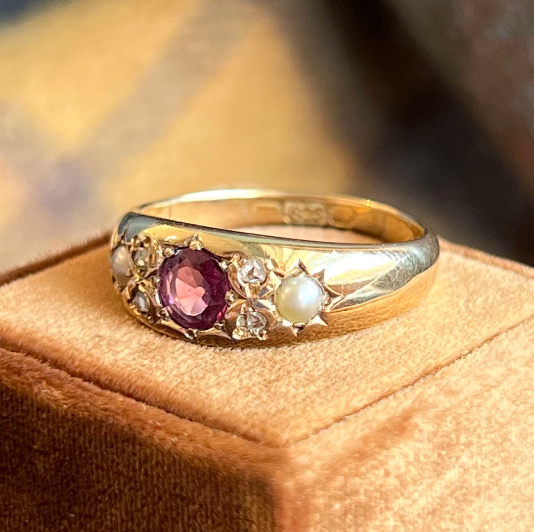 Antique Victorian Ruby Diamond Pearl Ring 18k Gold Birmingham c.1900