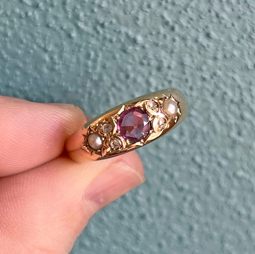 Antique Victorian Ruby Diamond Pearl Ring 18k Gold Birmingham c.1900