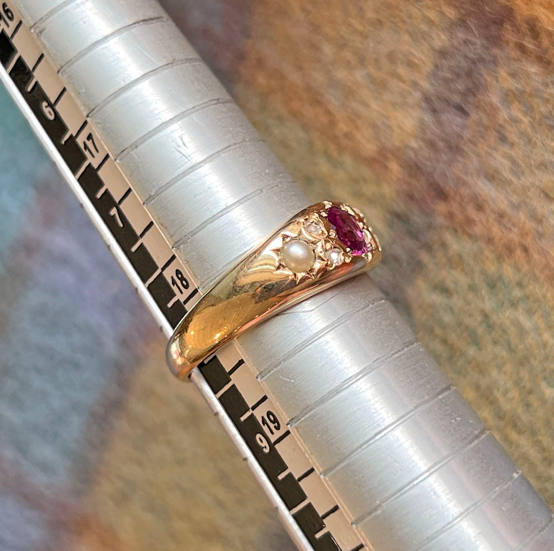 Antique Victorian Ruby Diamond Pearl Ring 18k Gold Birmingham c.1900