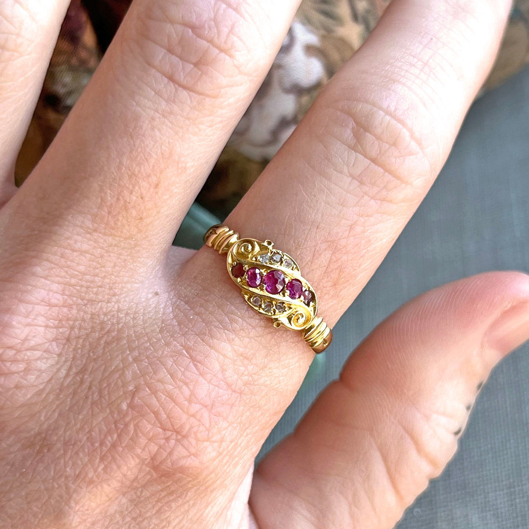 Victorian ruby diamond ring worn on hand antique style