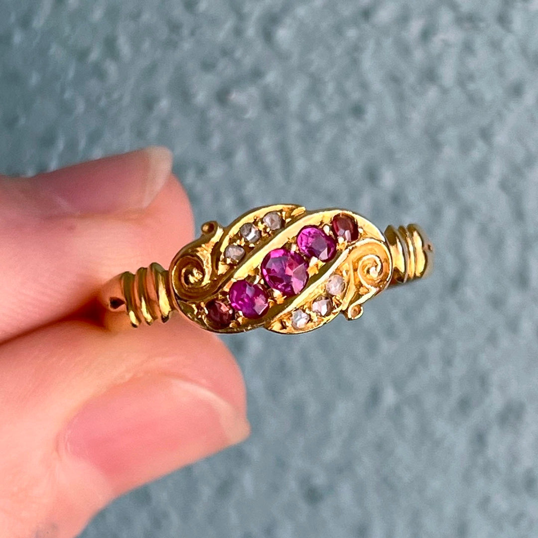 Detail of ruby and diamond setting antique ring