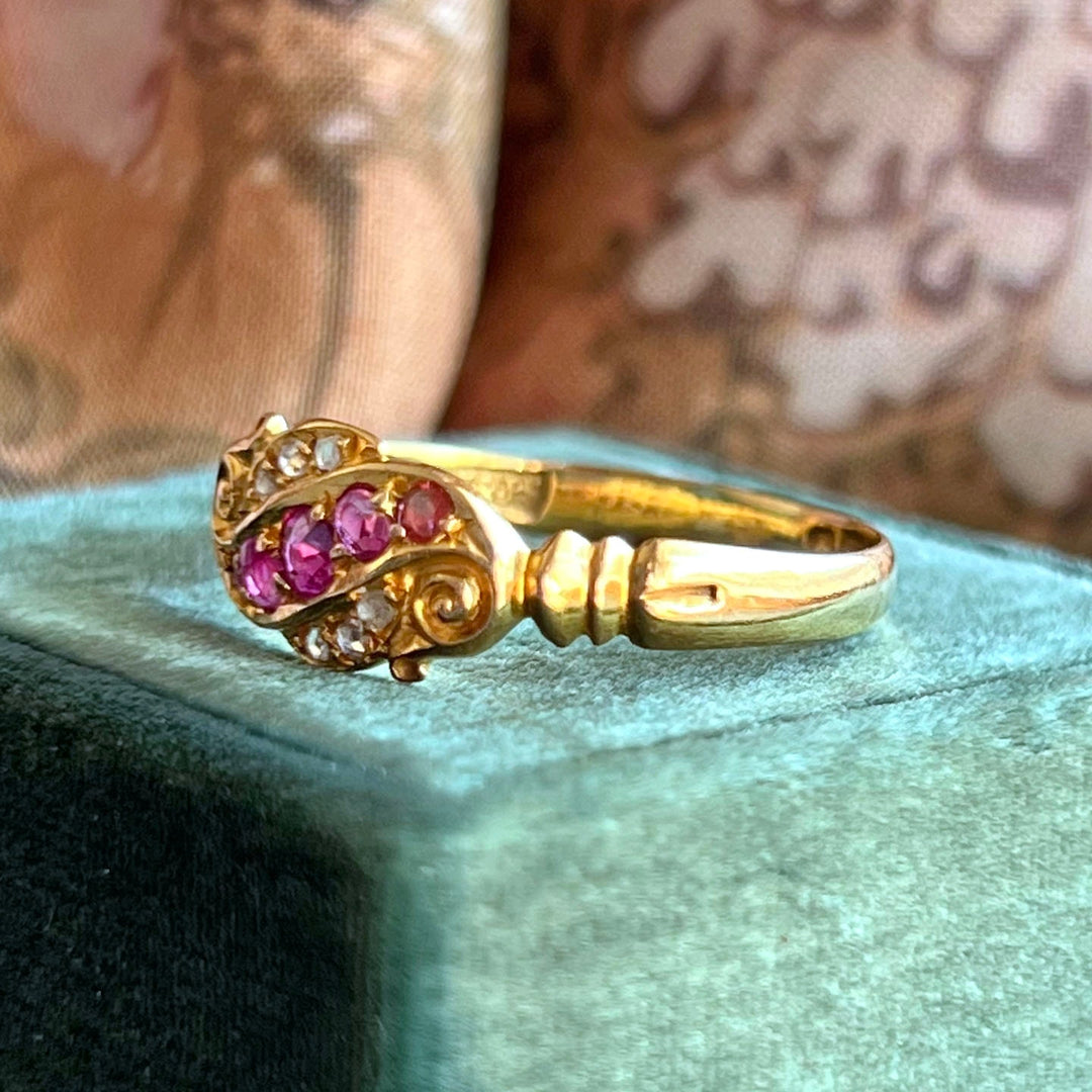 Side view Victorian gold ruby ring band