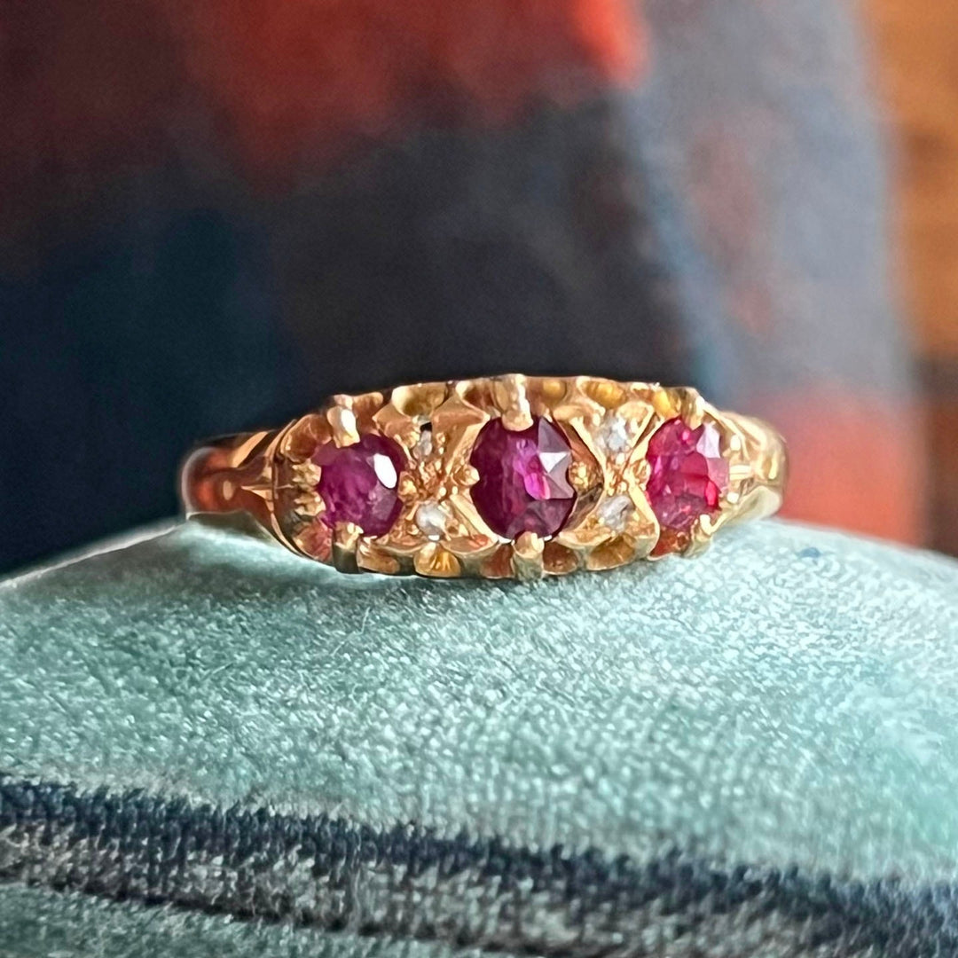 Antique Victorian ruby and diamond seven stone ring in gold Birmingham 1897