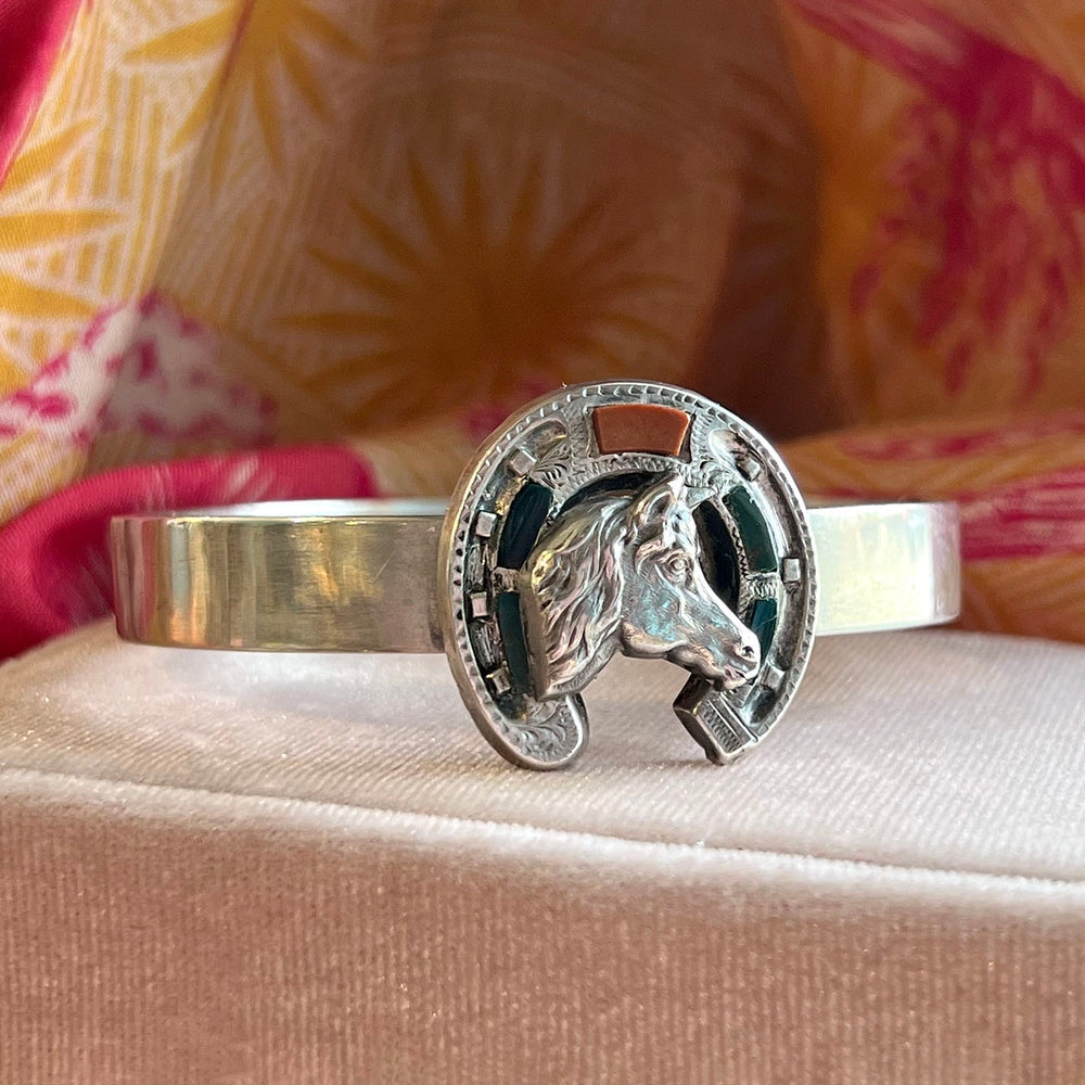 Antique Victorian Scottish Bangle Silver Agate Horseshoe & Horse, c. 1890