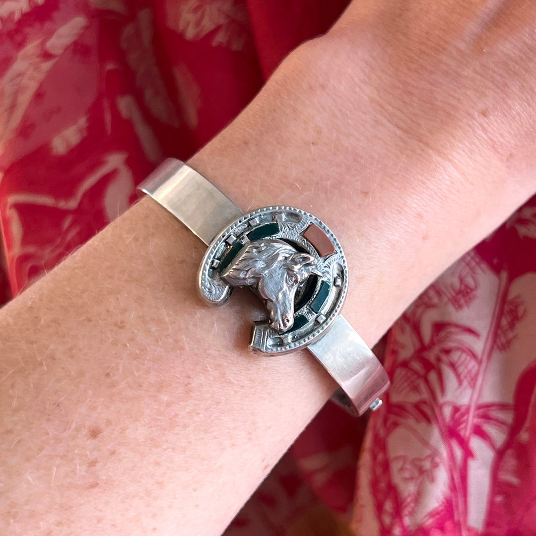 Antique Victorian Scottish Bangle Silver Agate Horseshoe & Horse, c. 1890