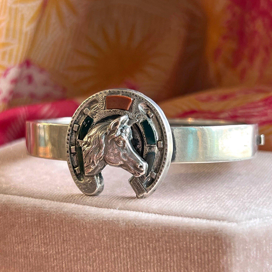Antique Victorian Scottish Bangle Silver Agate Horseshoe & Horse, c. 1890
