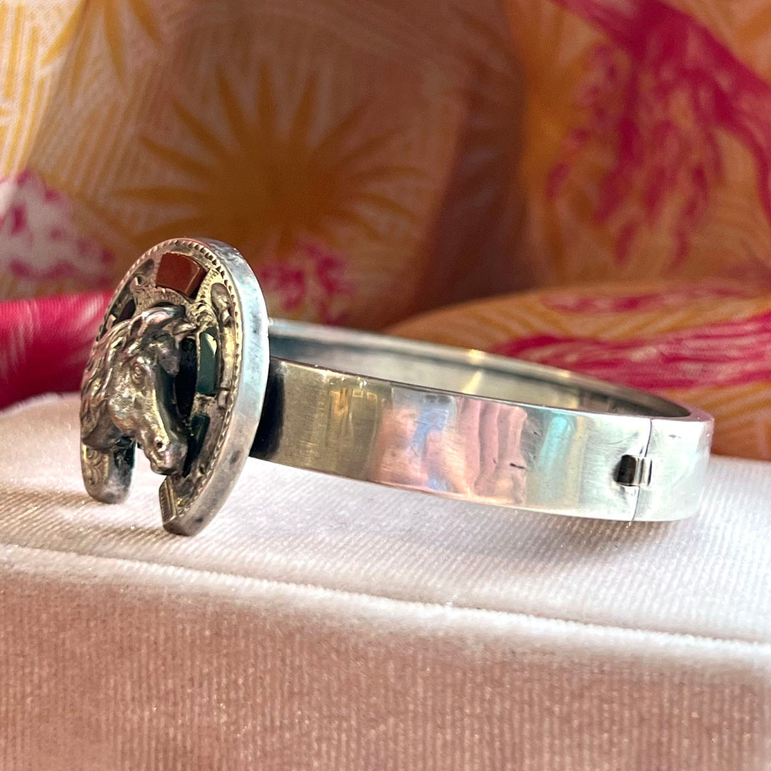 Antique Victorian Scottish Bangle Silver Agate Horseshoe & Horse, c. 1890