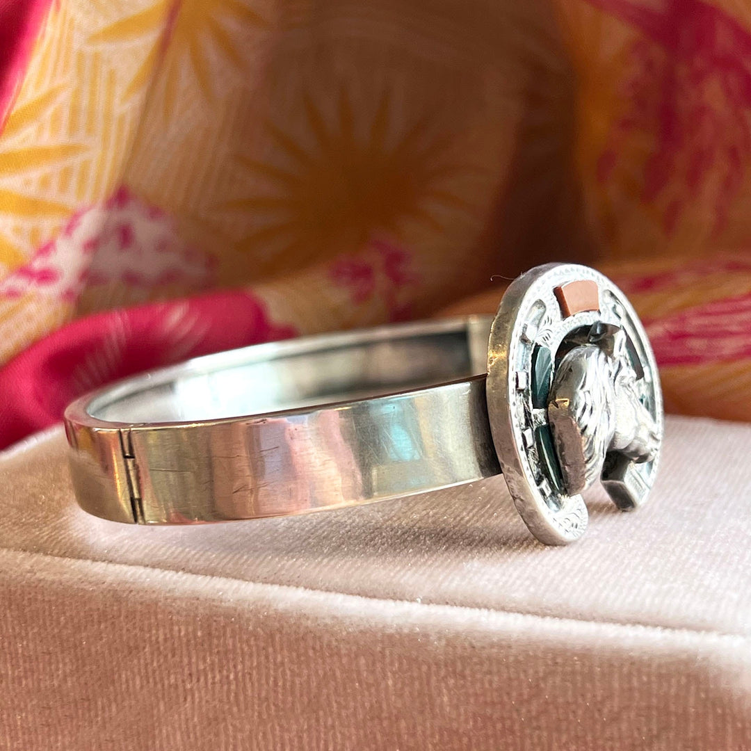 Antique Victorian Scottish Bangle Silver Agate Horseshoe & Horse, c. 1890
