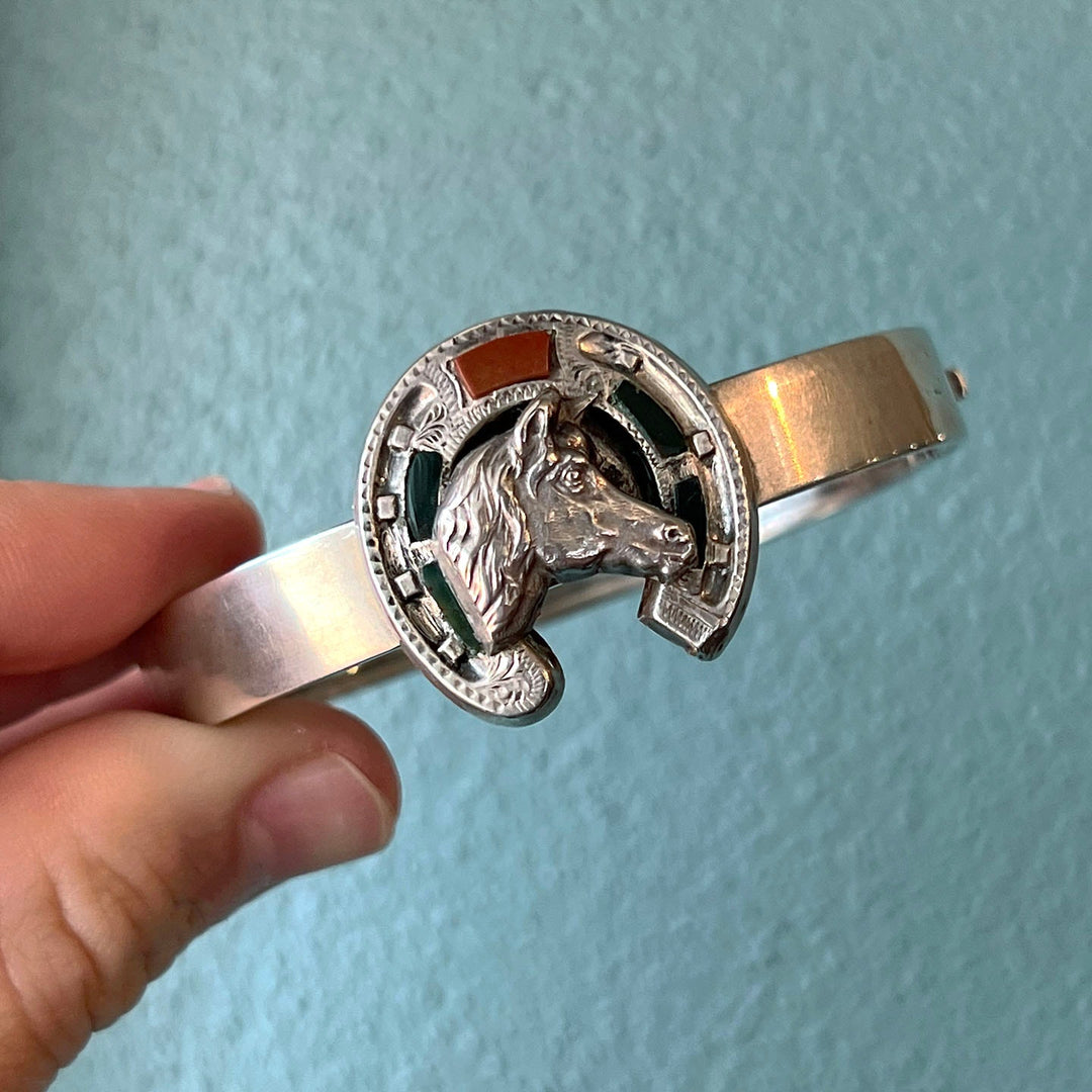 Antique Victorian Scottish Bangle Silver Agate Horseshoe & Horse, c. 1890