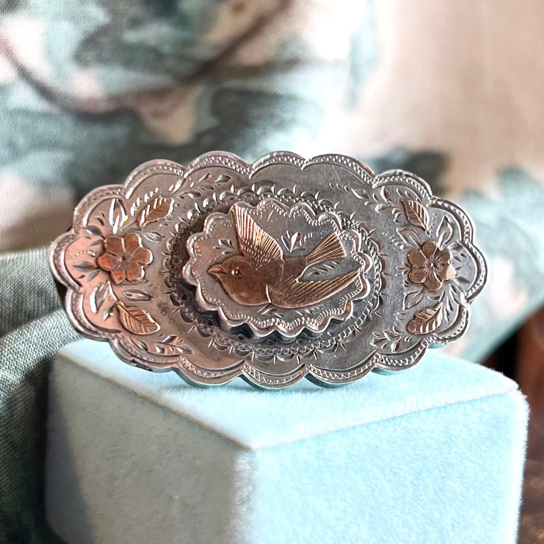Antique Victorian Silver Brooch Bird and Blossoms, Birmingham 1880