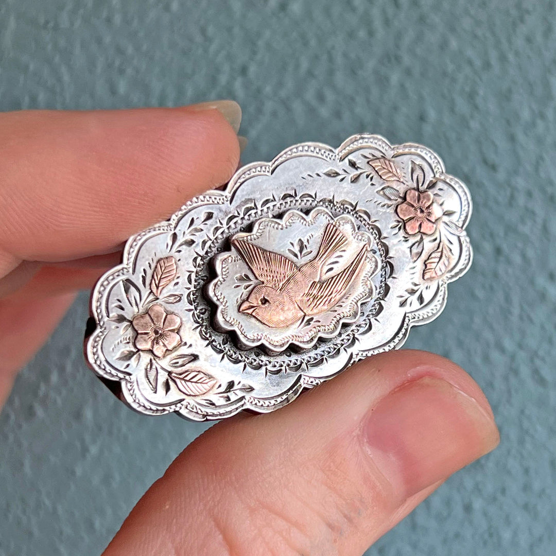 Antique Victorian Silver Brooch Bird and Blossoms, Birmingham 1880