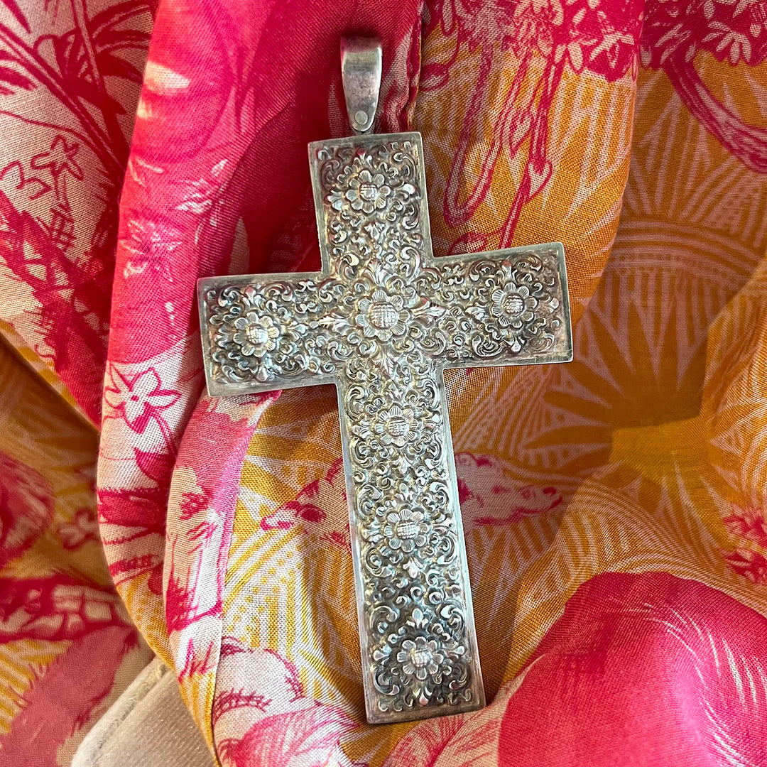 Antique Victorian Silver Cross Pendant Floral Repoussé, c. 1890