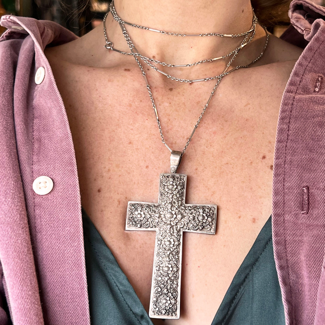 Antique Victorian Silver Cross Pendant Floral Repoussé, c. 1890