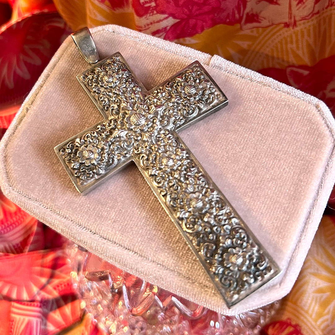Antique Victorian Silver Cross Pendant Floral Repoussé, c. 1890