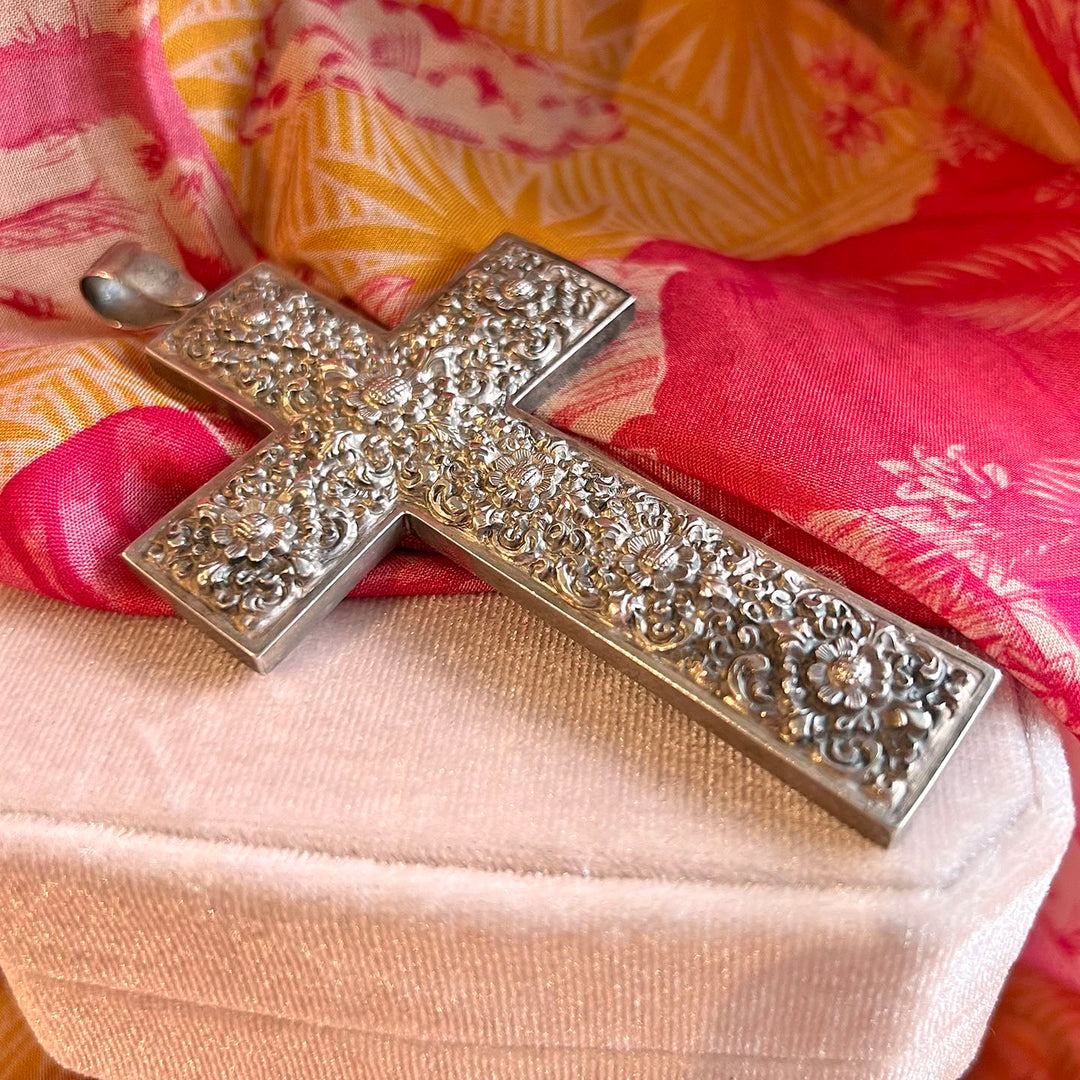 Antique Victorian Silver Cross Pendant Floral Repoussé, c. 1890