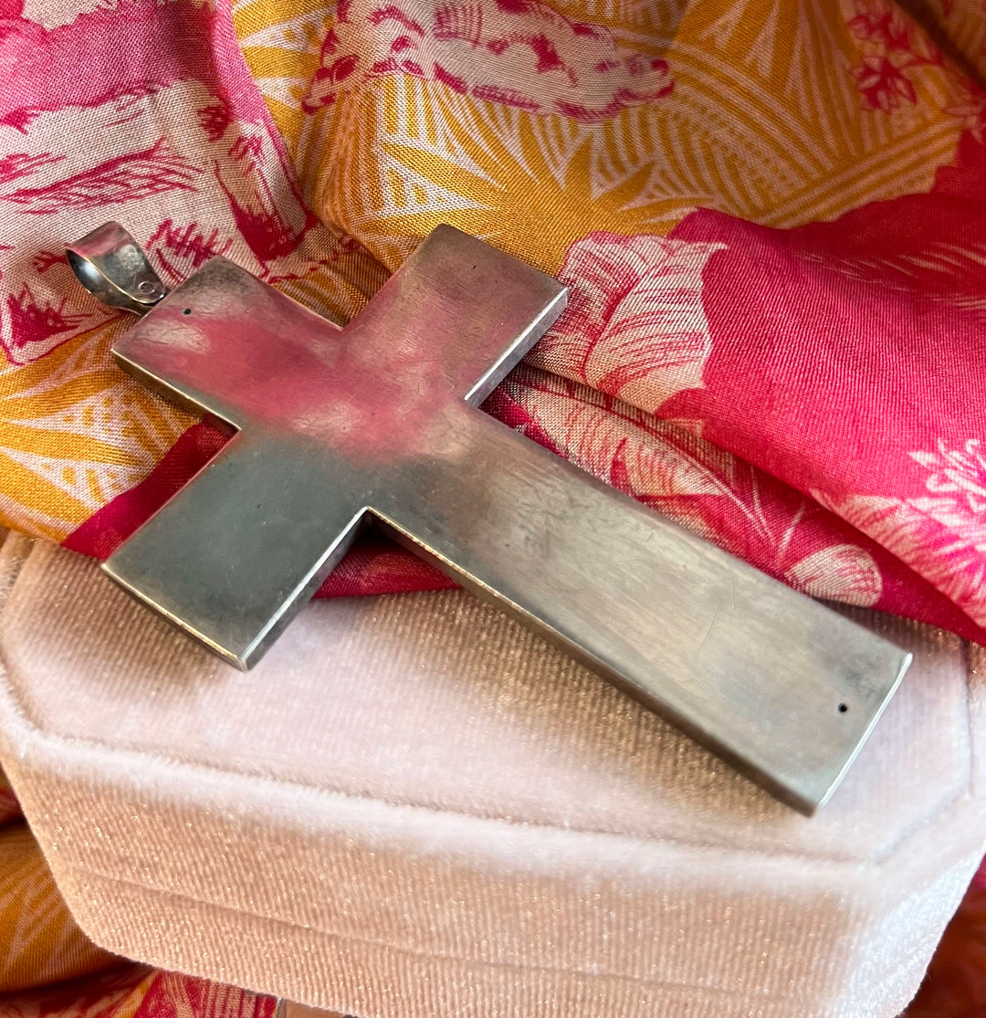 Antique Victorian Silver Cross Pendant Floral Repoussé, c. 1890