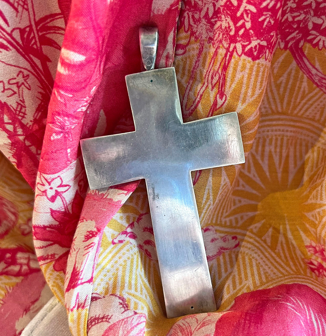 Antique Victorian Silver Cross Pendant Floral Repoussé, c. 1890