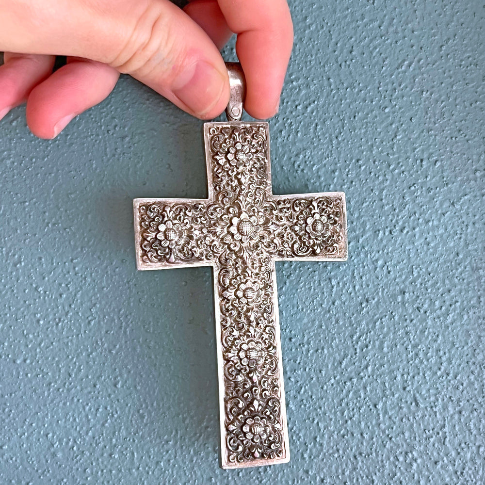 Antique Victorian Silver Cross Pendant Floral Repoussé, c. 1890