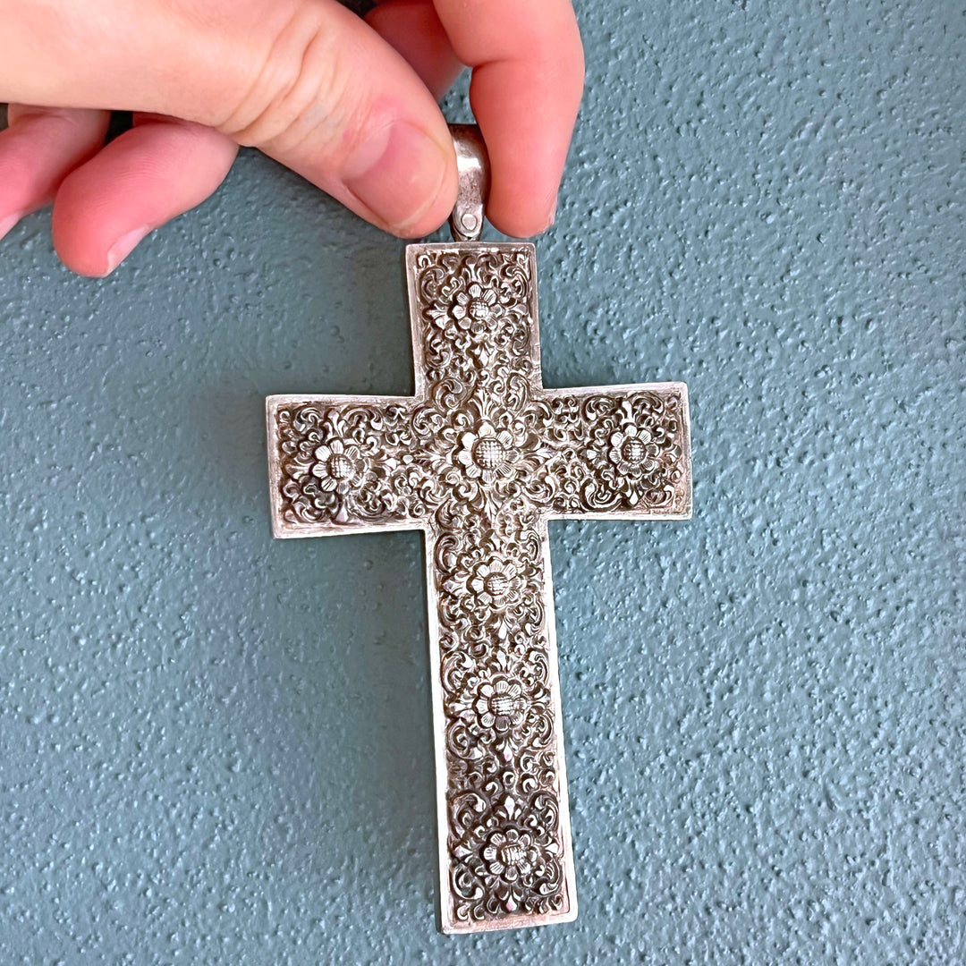Antique Victorian Silver Cross Pendant Floral Repoussé, c. 1890