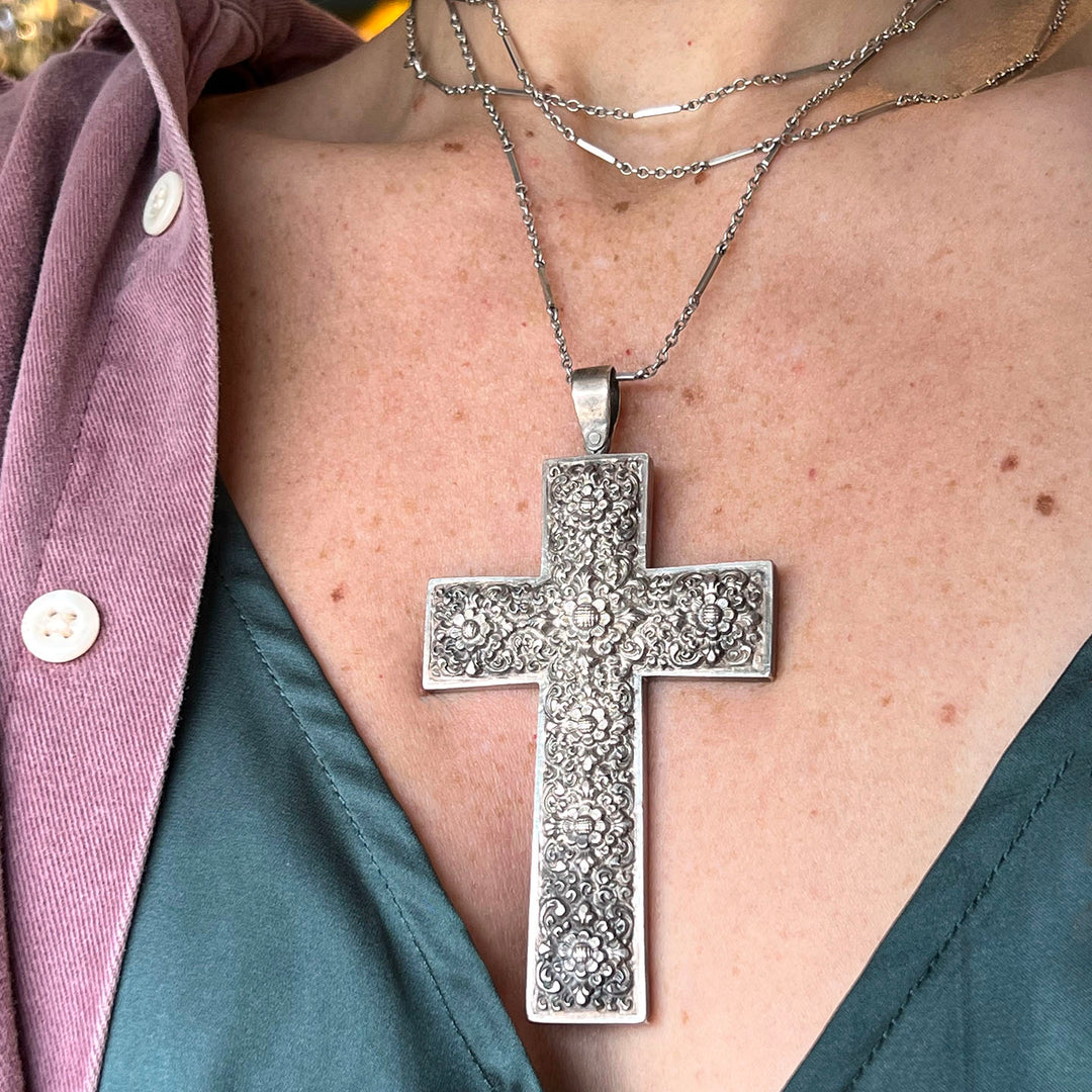 Antique Victorian Silver Cross Pendant Floral Repoussé, c. 1890