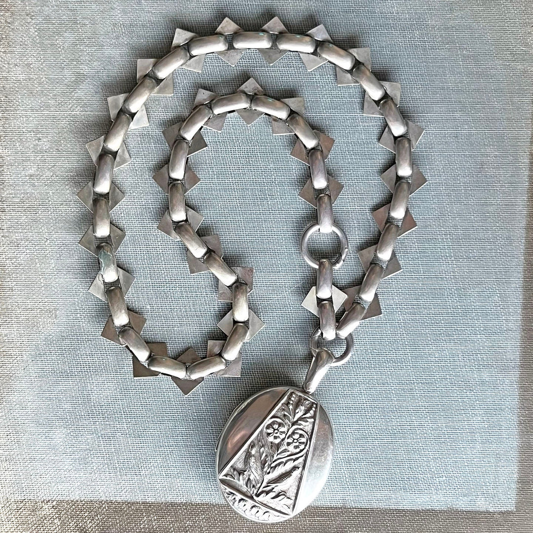 Antique Victorian silver embossed bird floral collar necklace