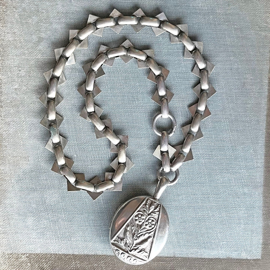 Antique Victorian silver embossed bird floral collar necklace
